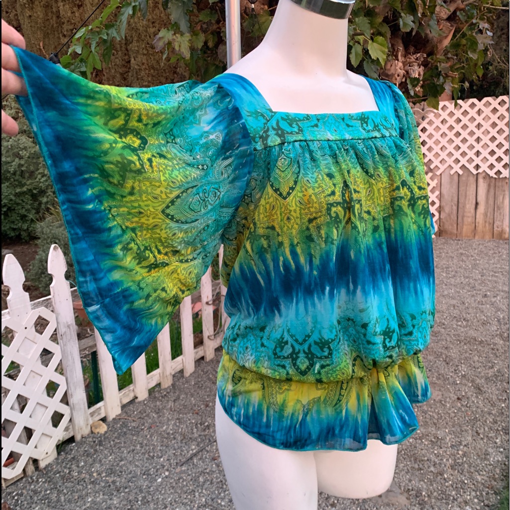 Inc International Concepts Green Blue Square Neck Blouse Shirt Top Sz Lg